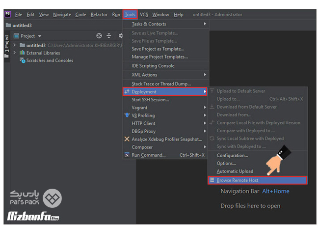 مشاهده فایل در هاست با PhpStorm صفحه مشاهده فایل در هاست با نرم افزار PhpStorm با انتخاب گزینه Browse Remote Host
