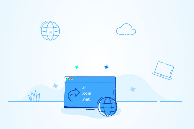 تصویر کارتونی از یک کره زمین در کنار یک صفحه مرورگر با آدرس وب ir.com.net. برای نمایش مفهوم Domain Forwarding