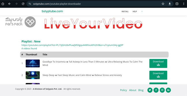 کلیک روی گزینه Download برای دانلود پلی لیست یوتیوب از سایت solyptube صفحه دانلود پلی لیست یوتیوب از سایت solyptube