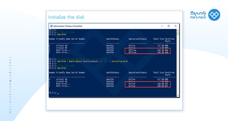 دستور مدیریت دیسک Initialize the disk