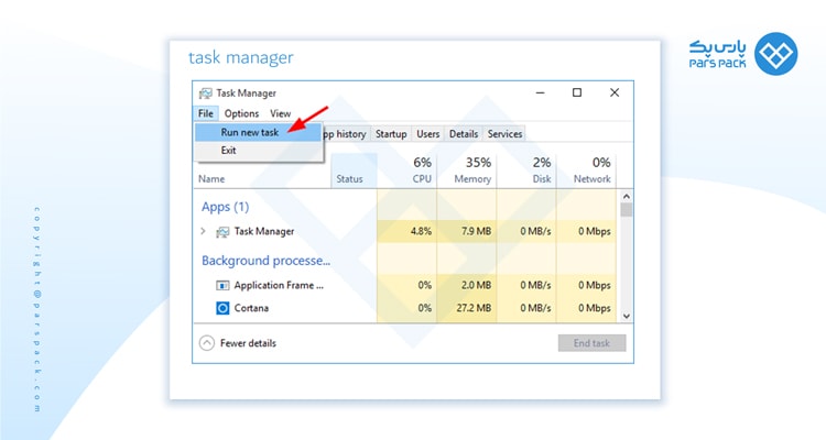 اجرای پاورشل در task manager