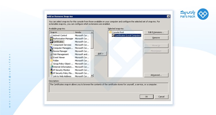اضافه شدن certificate در کنسول snap-in
